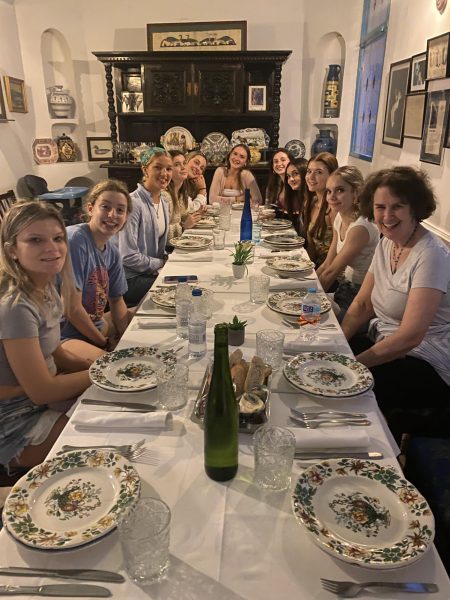 Lead chaperone Virginia Lima (right) enjoys a traditional Spanish meal with SHS Spanish exchange students