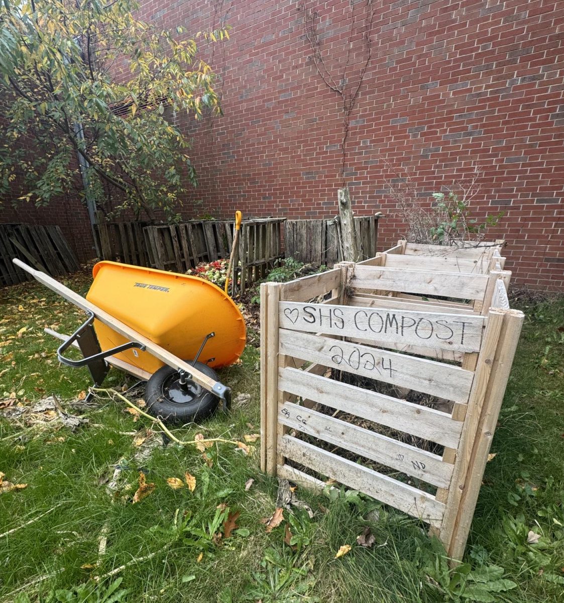 SHS composting efforts take place near the school's gardens within the PAC courtyard